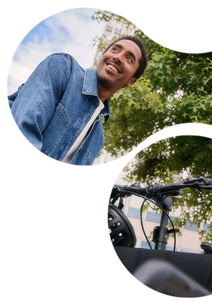 Grafisch gestaltetes Bild mit zwei organisch geformten Ausschnitten: ein lächelnder Mann neben einem Fahrrad sowie ein Detail des Lenkers vor Bäumen und Gebäude.