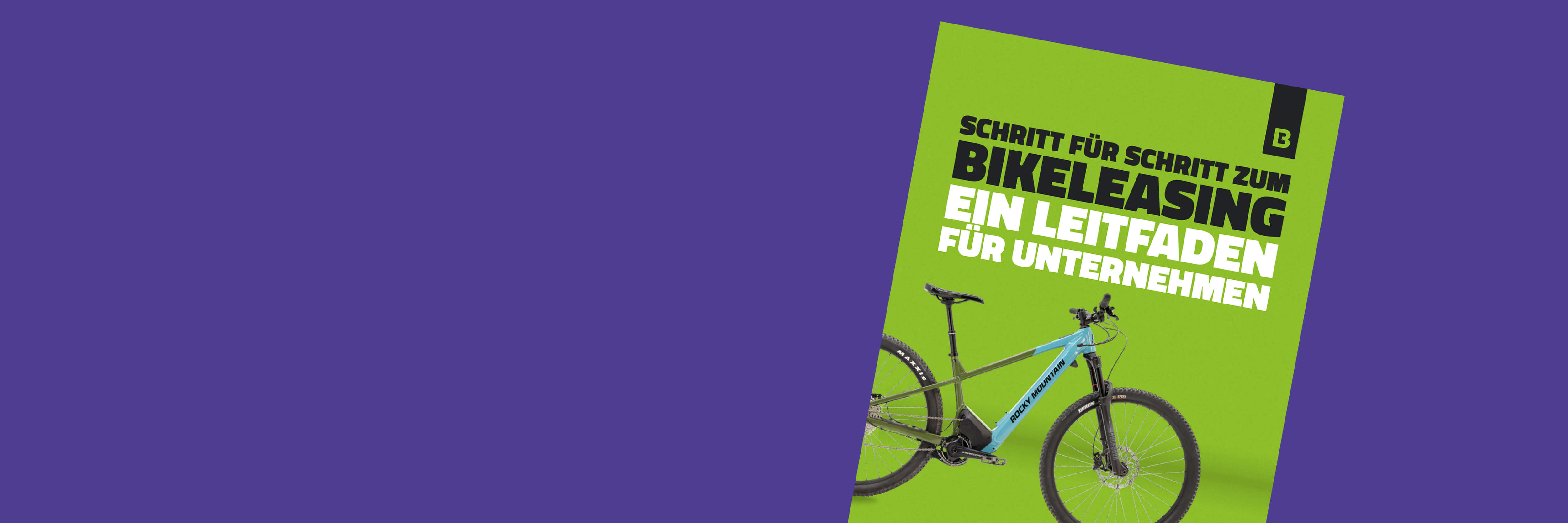Schräg dargestelltes Titelbild eines Leitfadens zum Bikeleasing mit der Aufschrift ‚Schritt für Schritt zum Bikeleasing – Ein Leitfaden für Unternehmen‘ und Abbildung eines E-Bikes auf grünem Hintergrund.