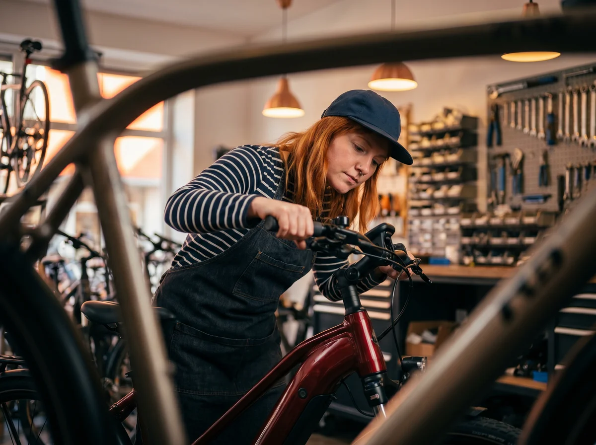  Mechanikerin in einer Fahrradwerkstatt stellt den Lenker eines E-Bikes ein; im Hintergrund hängen Werkzeuge und Ersatzteile.