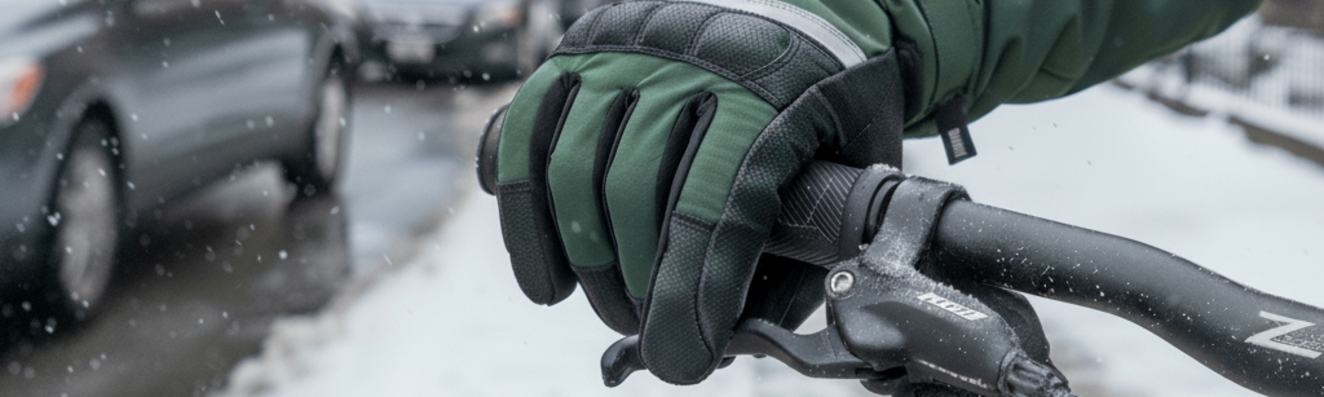 Fahrradhandschuhe Nahaufnahme einer Hand im Winterhandschuh am Fahrradlenker