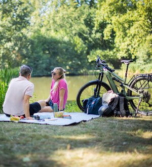 Mann und Frau mit Rädern bei Picknick im Park