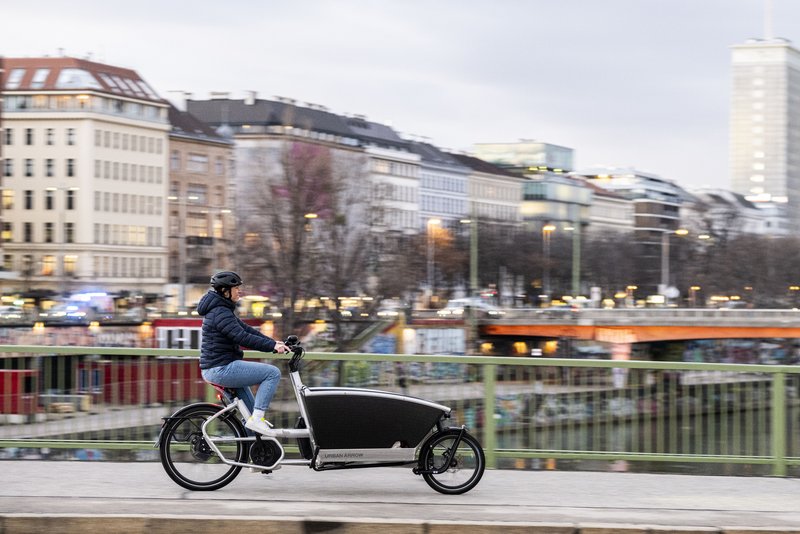 Frau auf Lastenrad in Wien