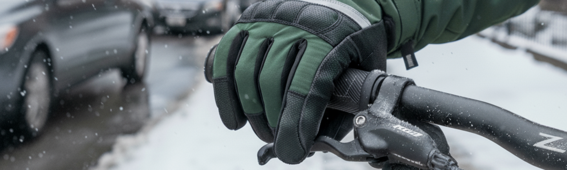 Nahaufnahme einer Hand im Winterhandschuh am Fahrradlenker