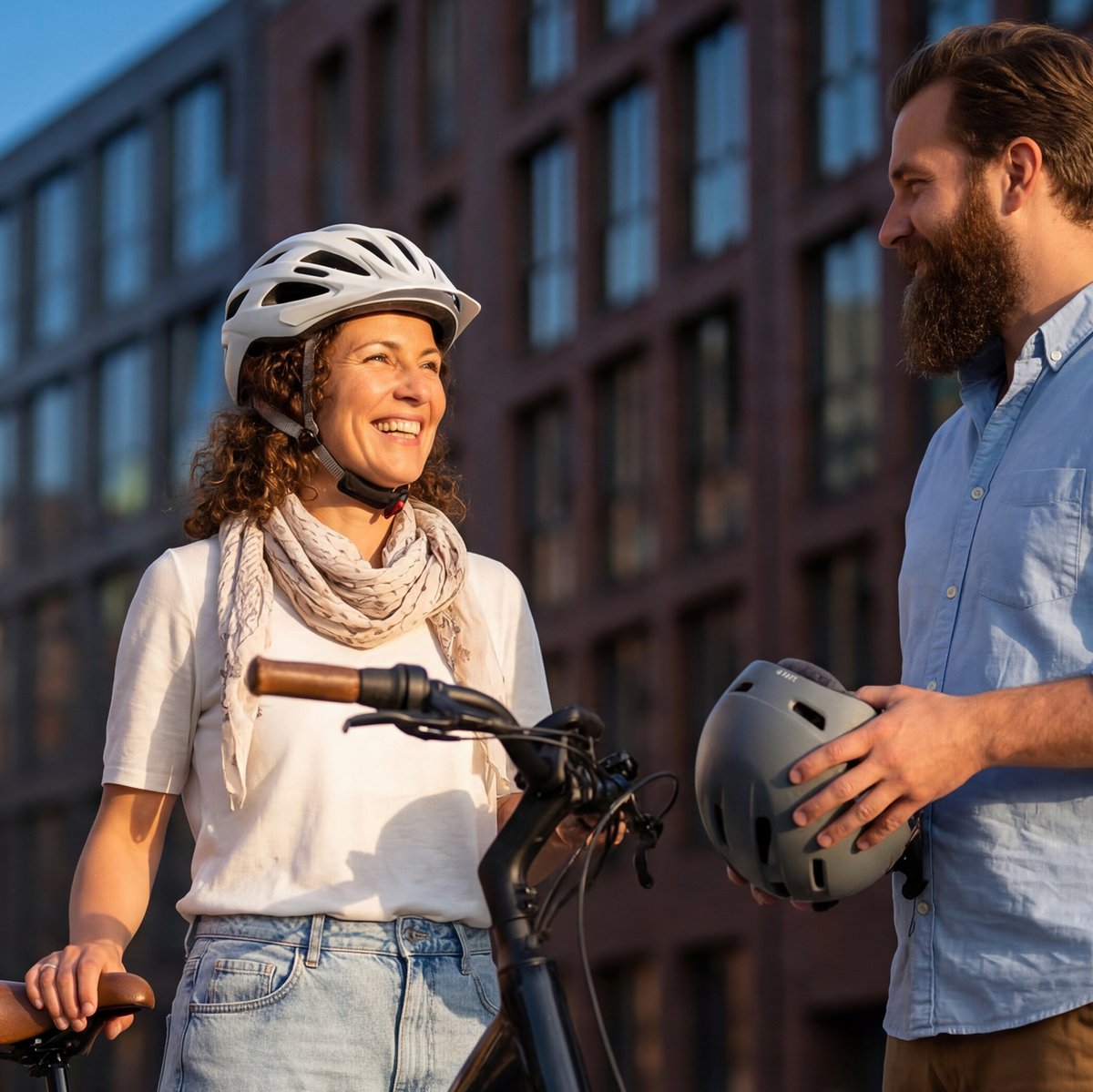 Eine Frau mit Fahrradhelm steht neben ihrem Fahrrad und spricht mit einem Mann, der einen Helm in der Hand hält. Im Hintergrund sind moderne Gebäude zu sehen.