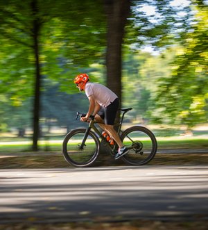 Mann auf Rennrad in Allee