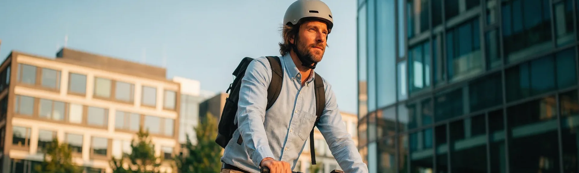 Mann in Hemd abends auf Fitnessbike in der Stadt