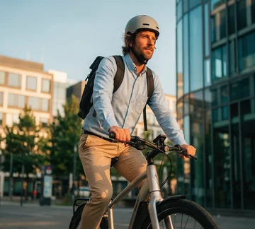 Mann in Hemd abends auf Fitnessbike in der Stadt