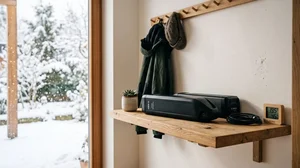 E-Bike-Akku mit Ladegerät liegt auf einem Regal neben einem Thermometer und einem Fenster mit verschneiter Aussicht.