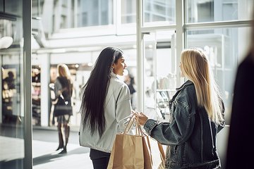 Zwei Frauen beim shoppen in einem Geschäft, beide haben Einkauftüten in der Hand