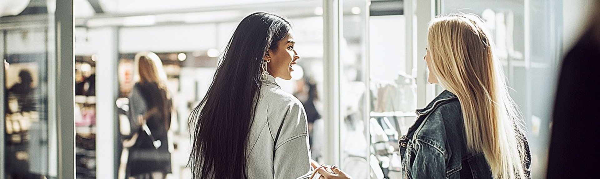 Zwei Frauen beim shoppen in einem Geschäft, beide haben Einkauftüten in der Hand